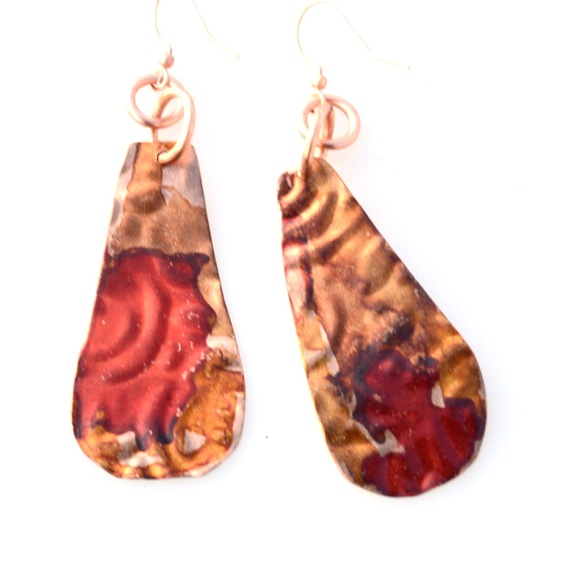 Conceptual Subculture Jewelry - Embossed Solid Copper Red Statement Earrings Drop